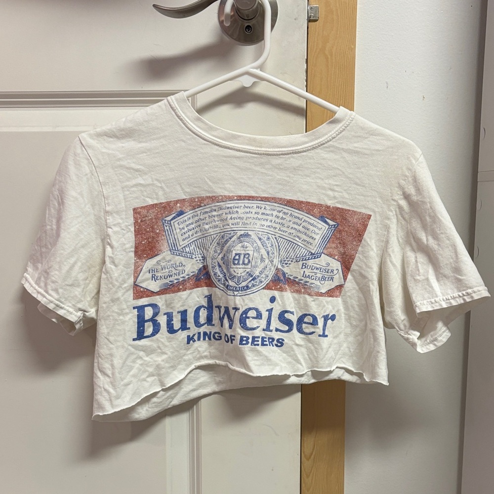 Budweiser White Crop Tee with Red & Blue Logo